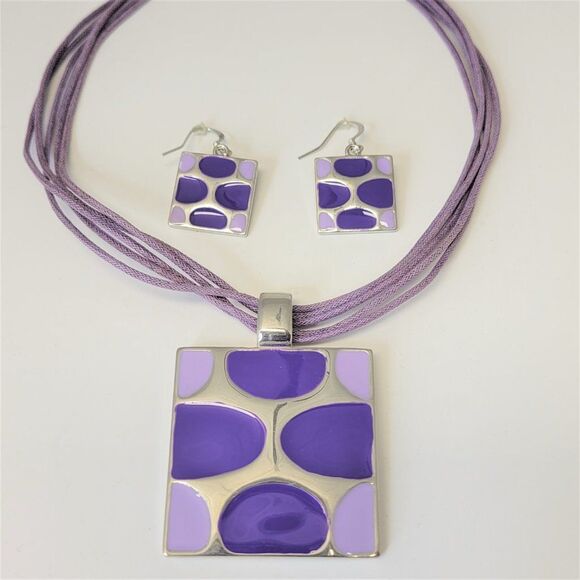 Purple Square Pendant Necklace with Matching Square Purple Earrings - Picture 2 of 12